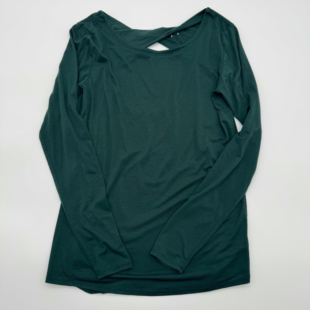 Athleta Womens Green‎ Open Back Twist Long Sleeve Yoga Top Small Forest Green